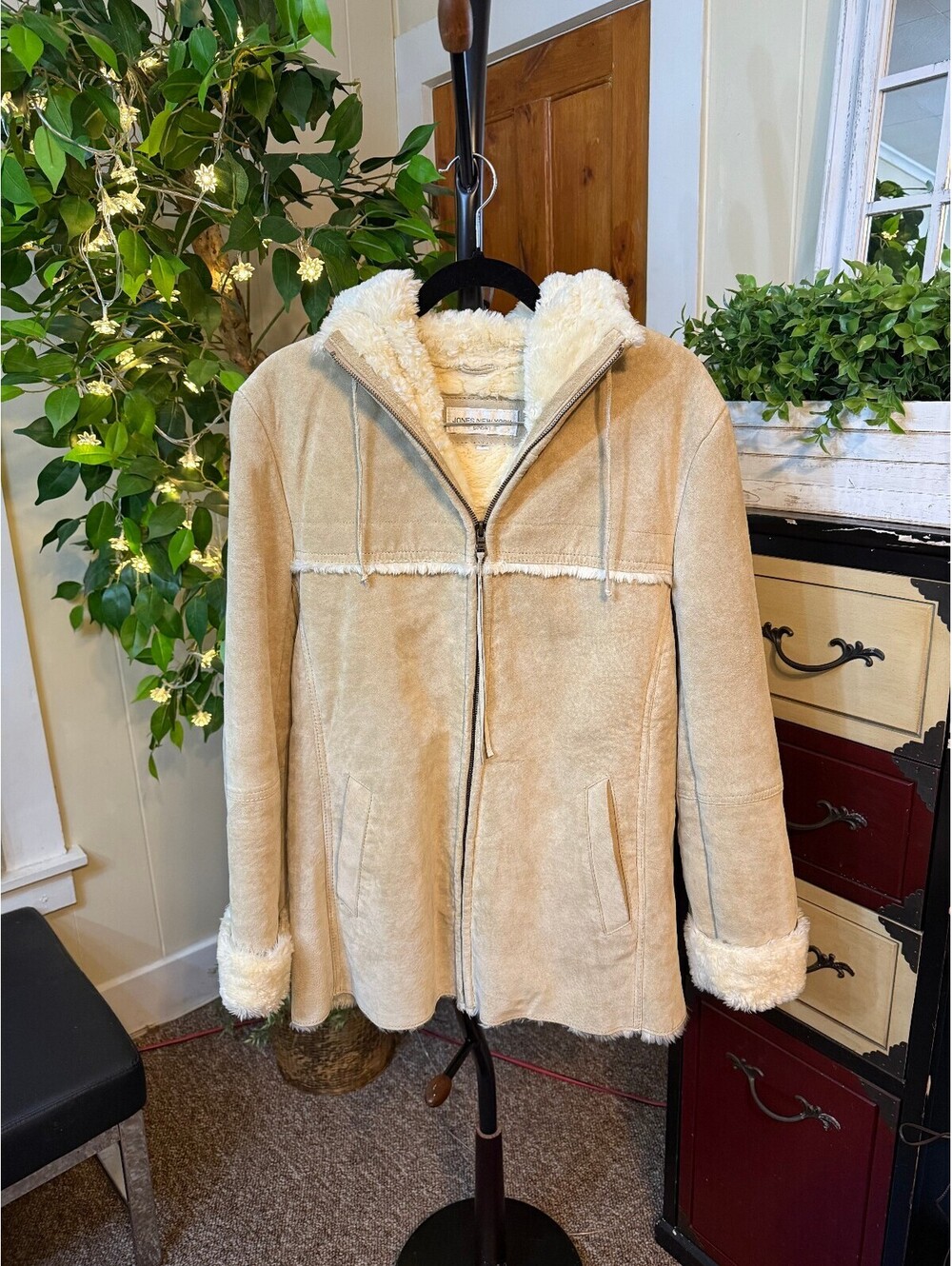 Jones NY Women's Suede Leather Shearling Hooded Coat Size S